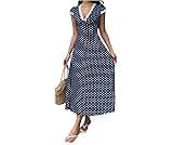 Milumia Women's Polka Dots Dress Lace Trim Deep V Neck Flared Long