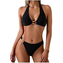 SOLY HUX Women's Halter Bikini Set V Neck Ring Linked