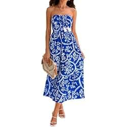 Wenrine Womens Polka Dot Strapless Smocked Tube Top Maxi Dress
